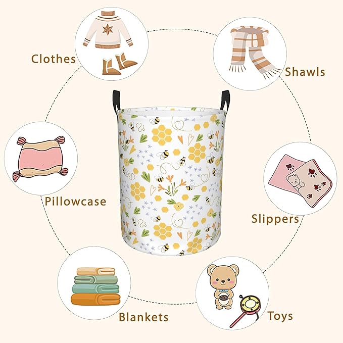 Bee Honey Flower Laundry Basket, Waterproof Foldable Laundry Hamper, Dirty