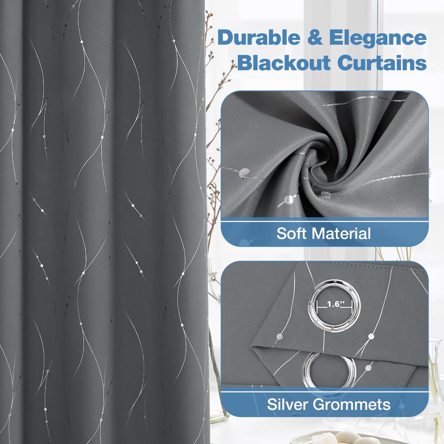 BUHUA Blackout Curtains for Bedroom 2 Panels Set, Grommet Thermal Insulated Room Darkening Window Curtains & Drapes with Wave Line and Dots Printed for Living Room, 38W x 84L Inch, Light Grey