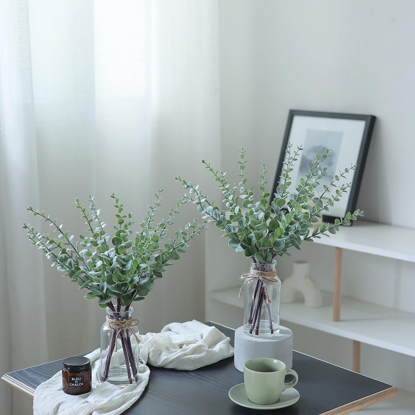 VIERENA 17.5" Artificial Eucalyptus Stems in Glass Vase with Faux Water,Fake Plant Eucalyptus Leaves White Seeds for Centerpiece Table Decorations Farmhouse Wedding Home Greenery Decor (Sage Green)