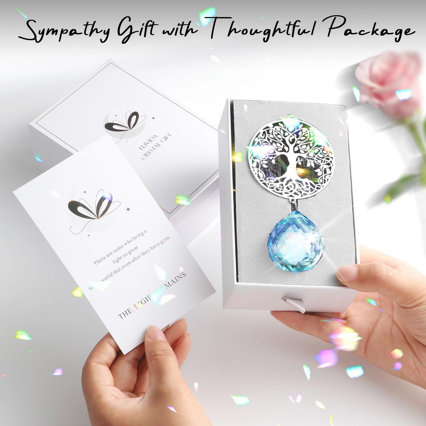 Elivida Modern Sympathy Grief Gift for Loss of Loved Ones, Memorial Suncatcher, Crystal Bereavement Gift Idea, Tree of Life Design Rainbow Maker for Miscarriage, Remembrance, Blue