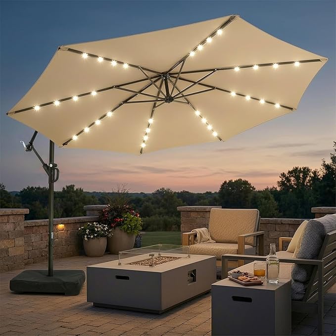 wikiwiki 10ft Solar LED Patio Umbrella with Base Included, Offset Umbrella with Weighted Sandbag Base, Cantilever Patio Umbrellas for Backyard, Garden & Deck, 32 LED Lights & Polyester Shade, Tan