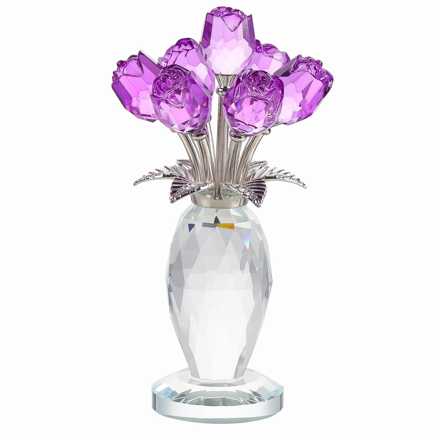 Arikyrist Crystal Purple Rose Flower Figurine with Vase, Handmade Romantic Rose Gifts Bouquet for Wife Mom Women, Glass Rose Flower with Stem Home Decor for Valentine Mother's Day Christmas