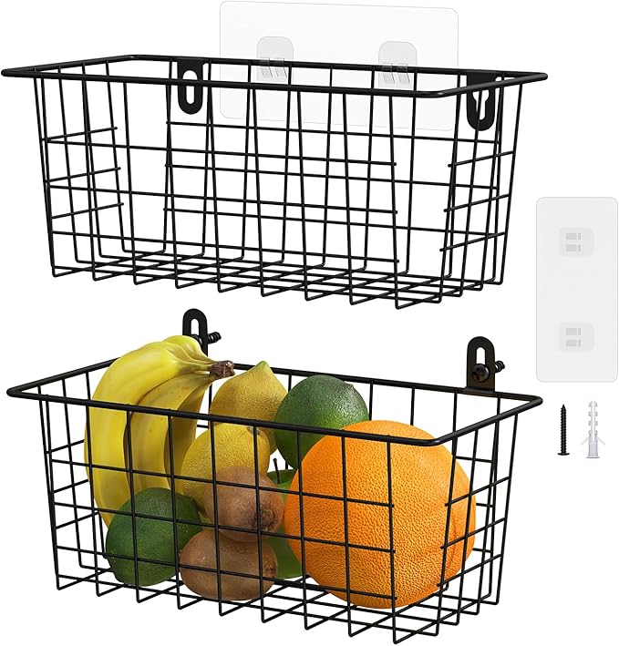 MaraFansie Hanging Kitchen Baskets Wire Storage Basket Adhesive and Screws