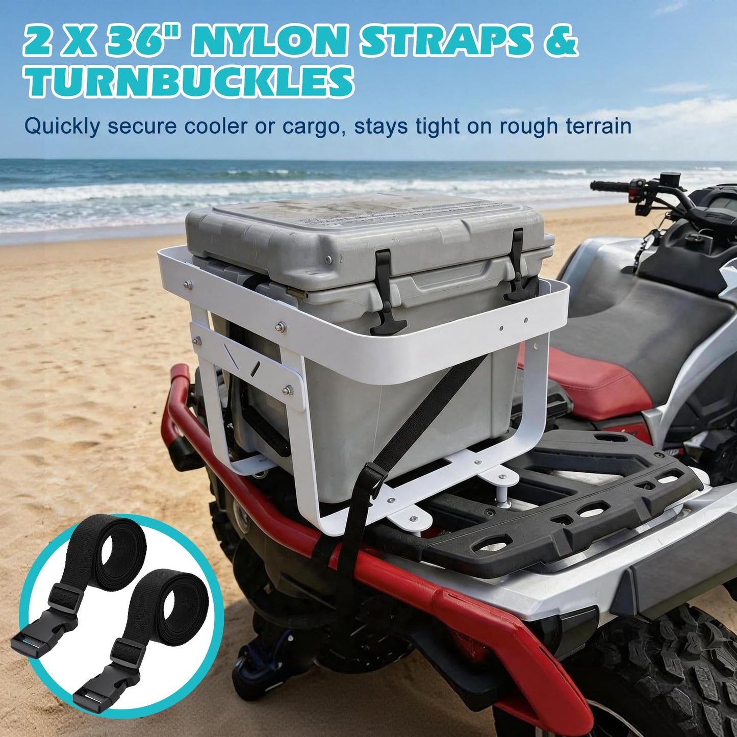 PWC Cargo Rack Aluminum Cooler Rack for Jet Ski, Adjustable Rear Platform Cargo Carrier, Compatible with RotoPax Fuel Can Mount, Heavy Duty Marine Cooler Holder for PWC ATV UTV with Straps