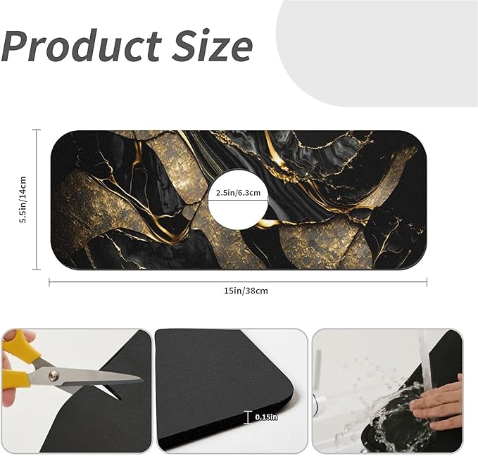 Kitchen Sink Splash Guard，Black and metallic gold marble Faucet Mat Sink