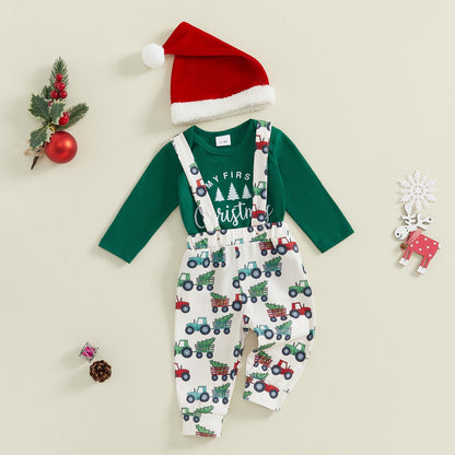 BeQeuewll Christmas Newborn Baby Boy 3PCS Clothes Set Infant Long Sleeve Romper Cute Pattern Suspender Pants Overalls Outfits (Green, 9-12 Months)