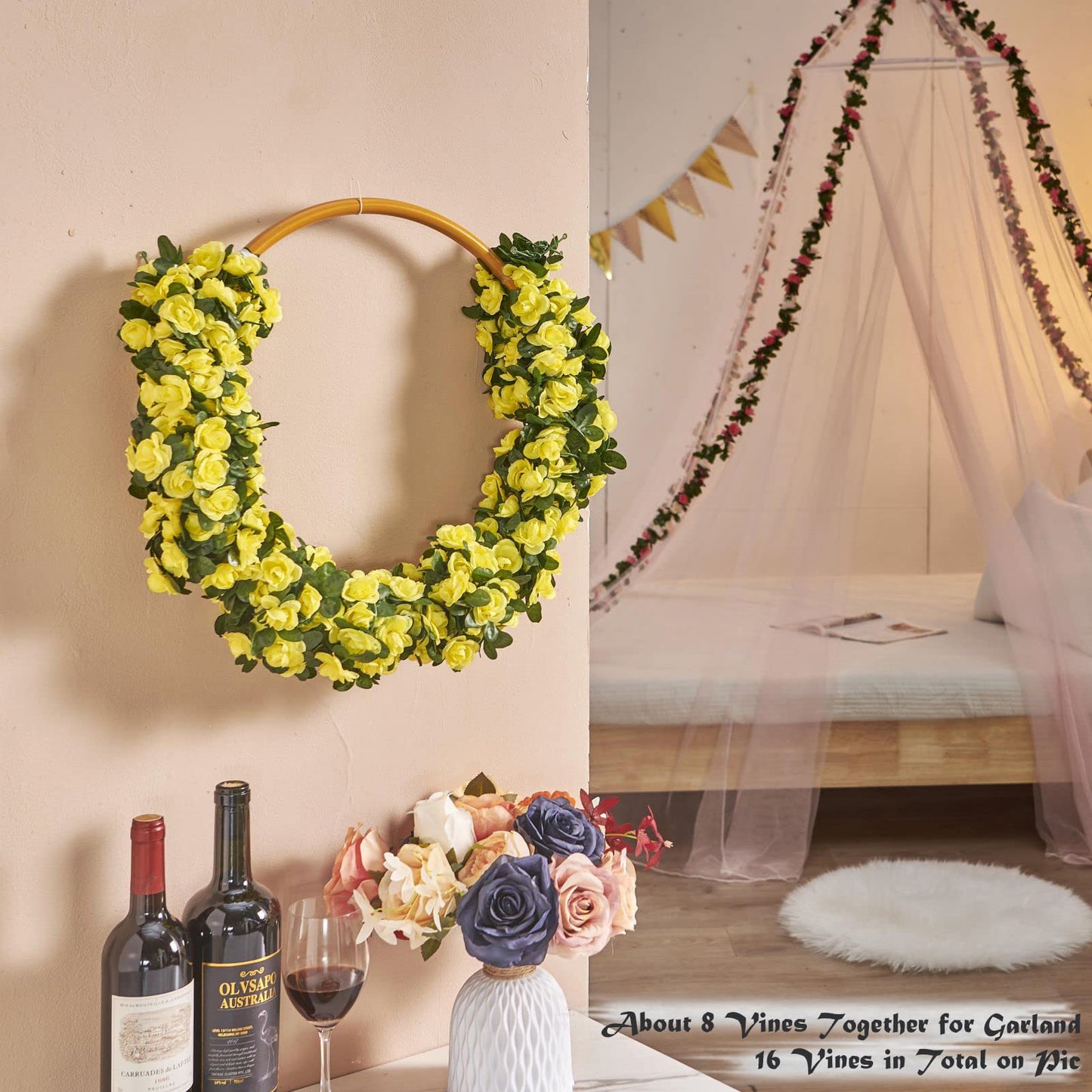 PONKING 8 Pcs x 8.2 ft Flower Garland Artificial Rose Vine Flowers with Green Leaves Hanging Fake Roses Vine for Room Party Home Wedding Birthday Christmas Wall Arch Decor, Spring Yellow Flower