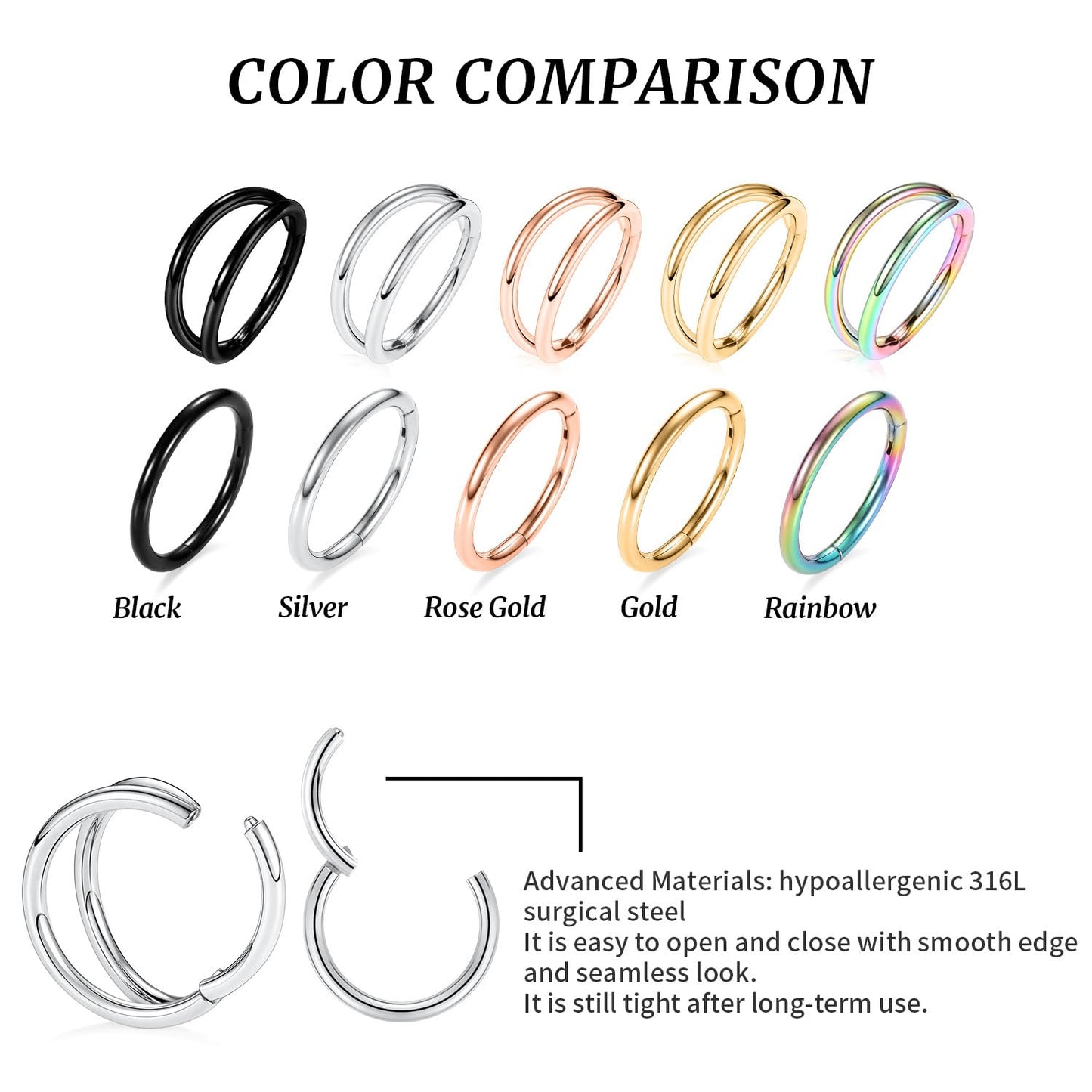 Septum Ring Septum Jewelry Seamless Septum Clicker Double Hoop Nose Rings 18 Gauge Nose Ring Hoop 18g Cartilage Earring Lip Rings 8mm Nose Hoop Surgical Steel Helix Earrings Silver Nose Jewelry