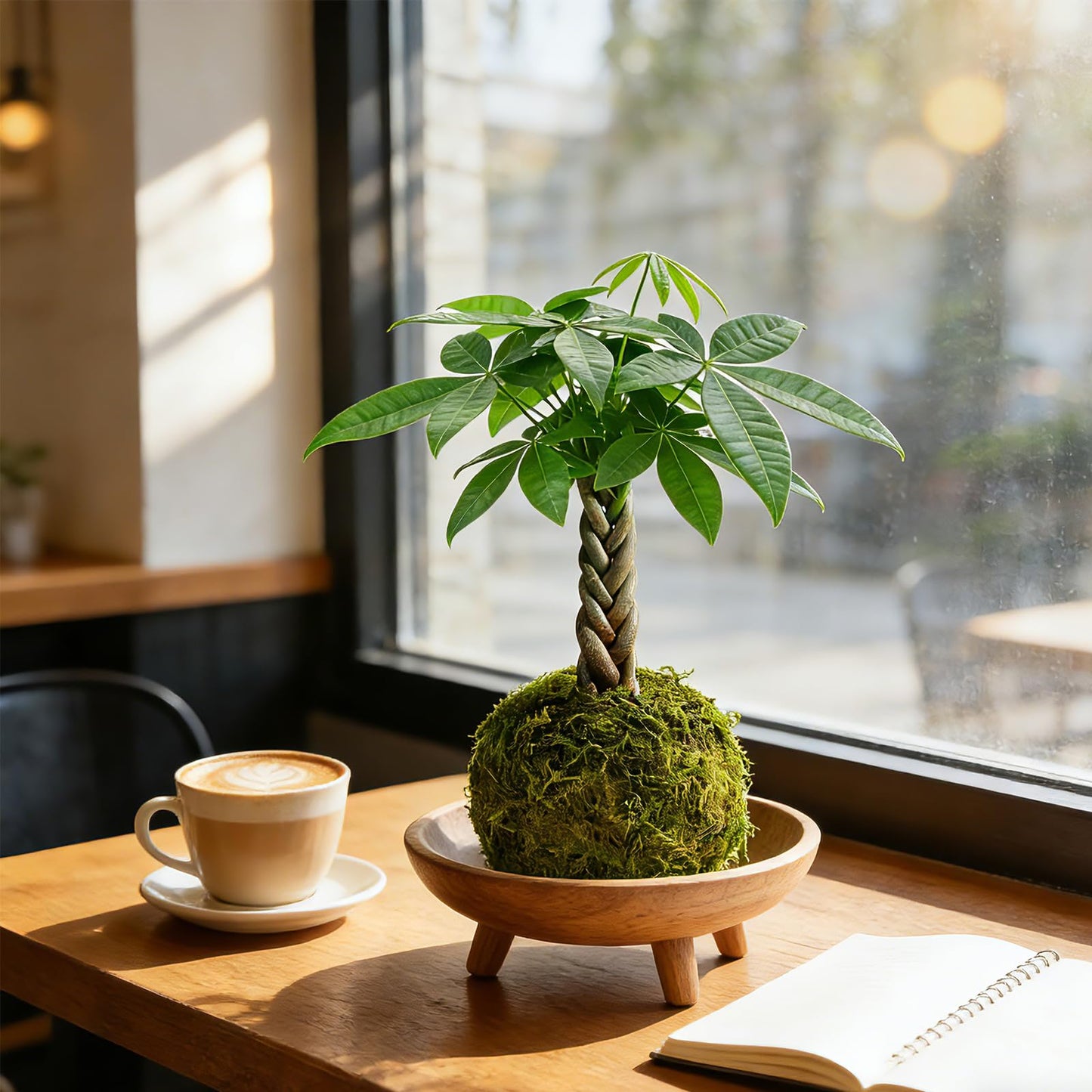 Live Plant Money Tree Kokedama, Easy to Grow, A Living Moss Ball Plant for Home Office Decor, Unique Gift