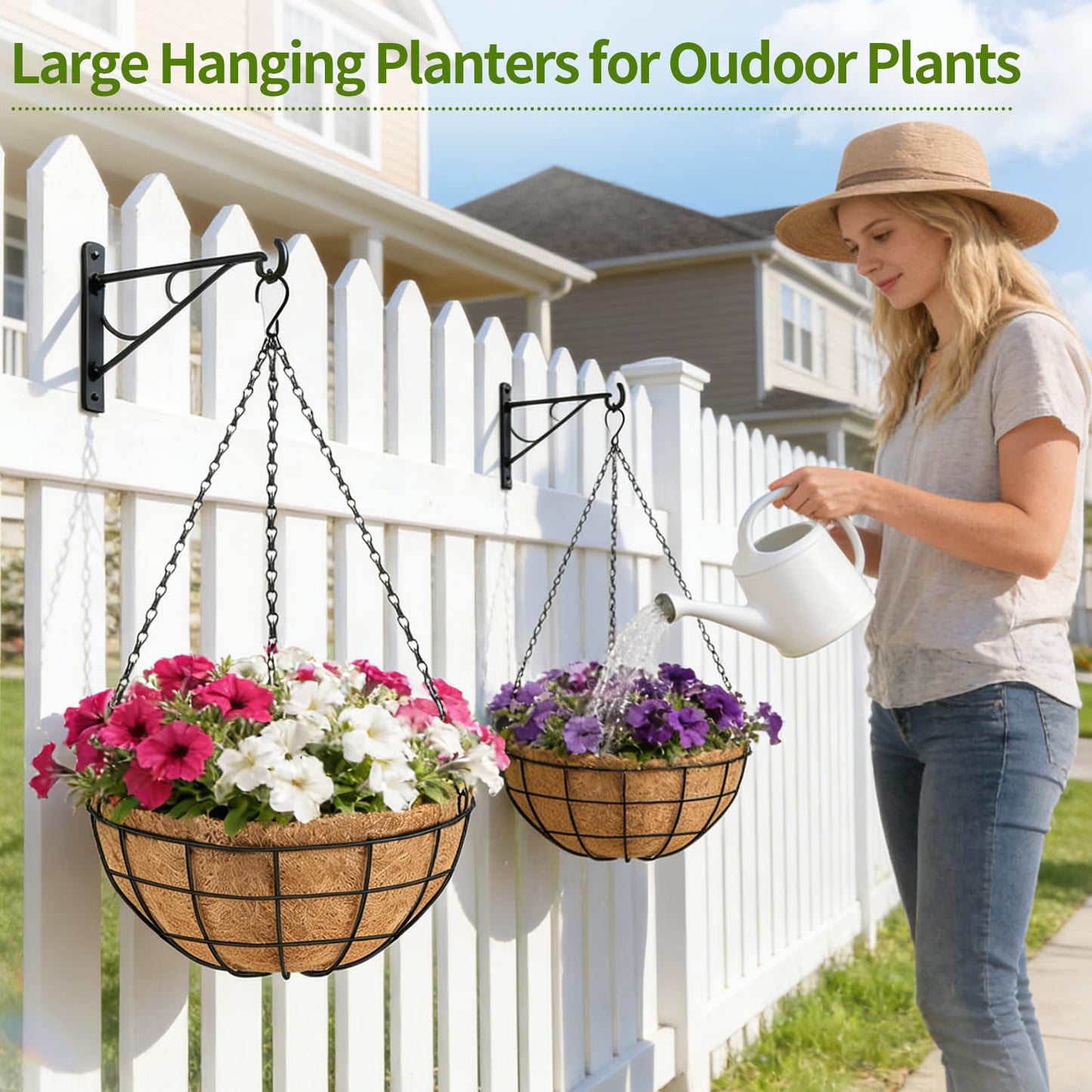 14 Inch Hanging Baskets for Plants Outdoor, 4 Pack Large Hanging Planters for Indoor Outdoor Plants, Round Metal Wire Hanging Flower Pots with Coconut Coir Liners for Garden, Deck, Porch, Balcony