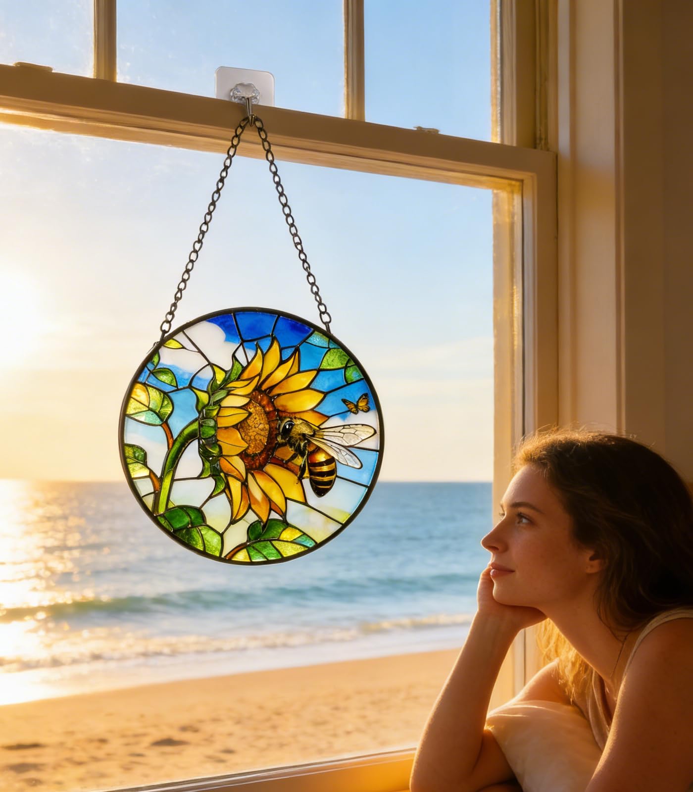 NGOKPYD Stained Glass Window Hanging Sun Catcher Garden Decor Sunflower Flower and Bees on a Branch for Window Doors Home Decoration and Christmas, Mother's Day Birthday Gifts for Women Men Mom 7.8 in