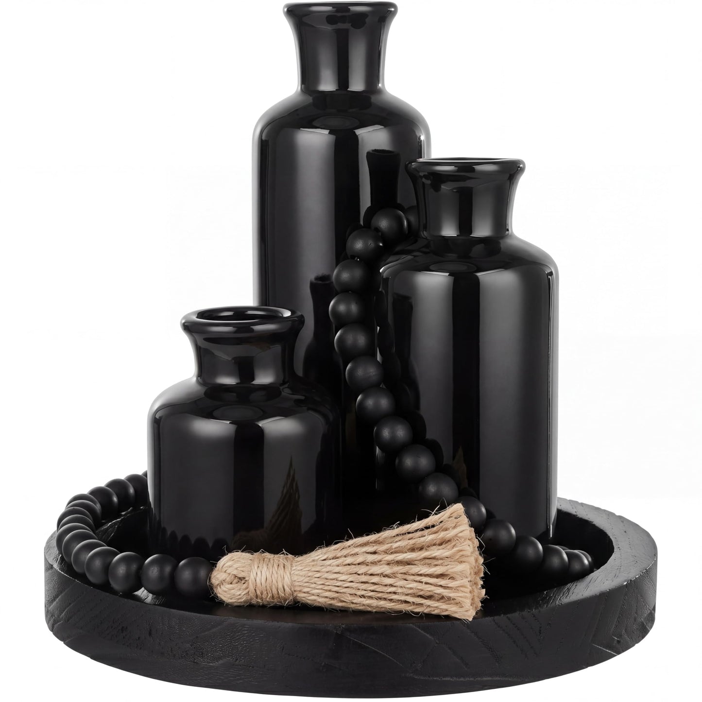 Tiangrid 5 Pcs Rustic Tabletop Centerpieces Decor Set of 3 Boho Ceramic Vases with Wooden Serving Tray Wood Bead Garland Tassels Table Holder for Home Decorations (Black)