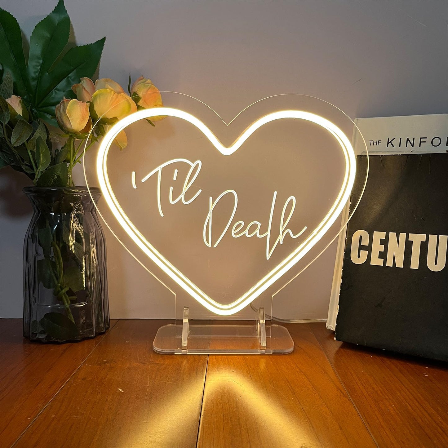 Til Death Neon Sign Desk Lamp for Wall Decor Night Light Wedding Letter LED Neon Sign Wedding Table Decorations Neon Light Bedroom Home Room Decor Christmas Party Warm White USB 30×26CM