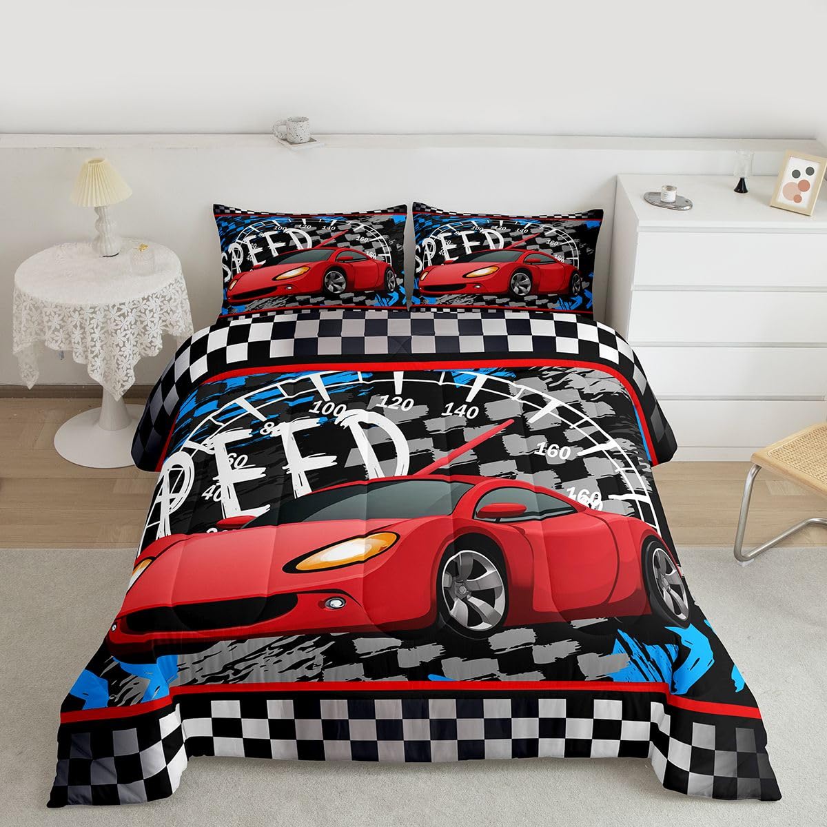 Feelyou Boys Race Car Bedding Set Cool Race Sports Car Set Comforter Set for Kids Boys Sports Theme Duvet Set Checkered Comforter Red 1 Comforter Set with 2 Pillowcases Full Size