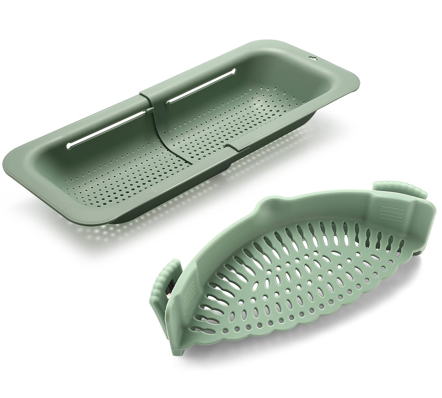 Adjustable Over the Sink Colander Strainer, Silicone Clip On Strainer for Pots Strainers and Plastic Colanders Drainer Basket for Food Pasta Vegetables Kitchen, Extendable 14.5"-19.5", Green