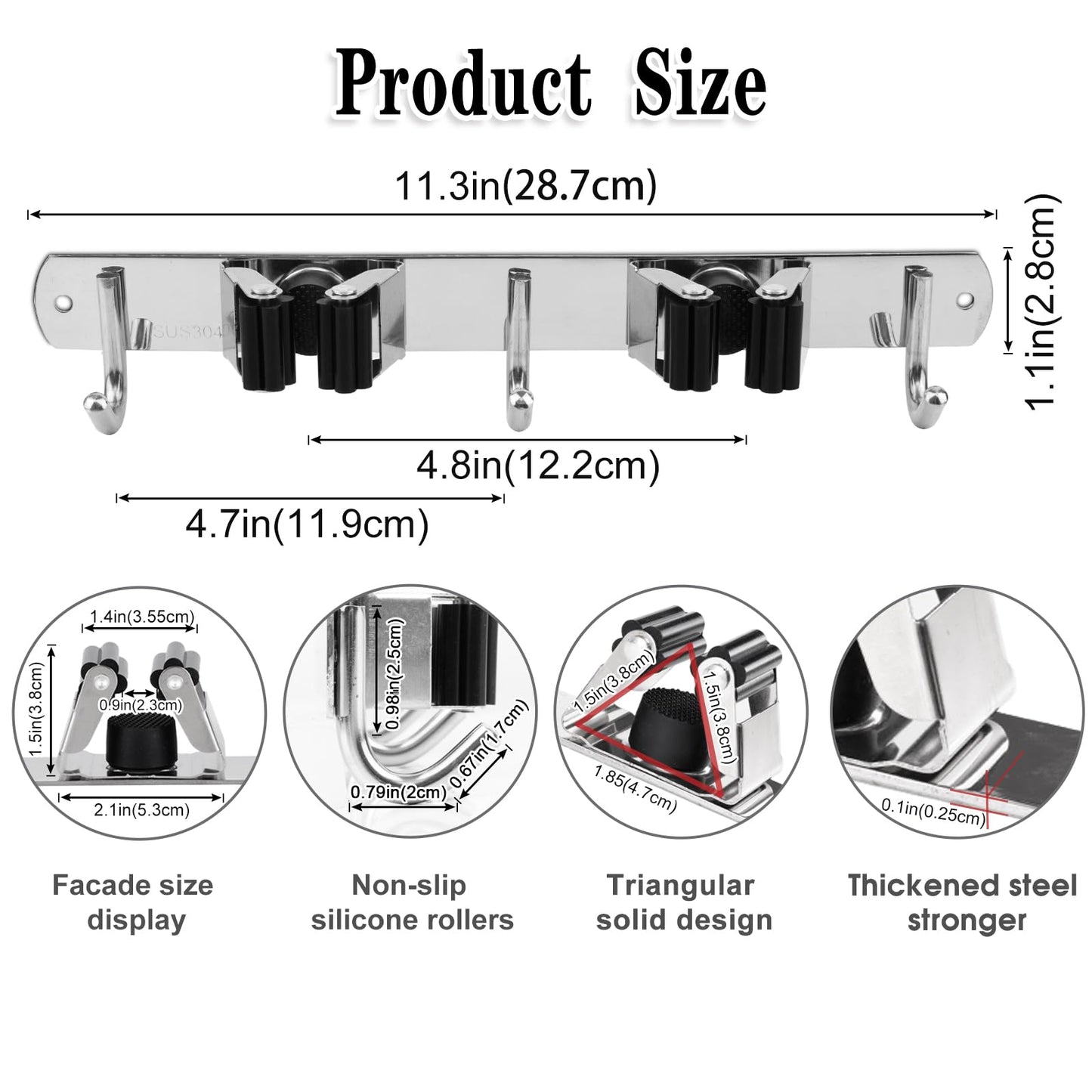 AceMining 5 Racks and 4 Hooks Mop and Broom Holder Wall Mount, Broom Organizer Storage Tool Racks Stainless Steel Heavy Duty Hooks Self Adhesive Solid Non-slip for Home Kitchen Garden Laundry Garage