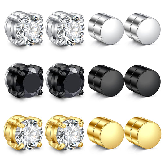 Men's Magnetic Stud Earrings - Non Piercing Clip On Earrings,Stainless Steel Hypoallergenic Fashion Diamond Design for Women,Silver/Black/Gold Styles