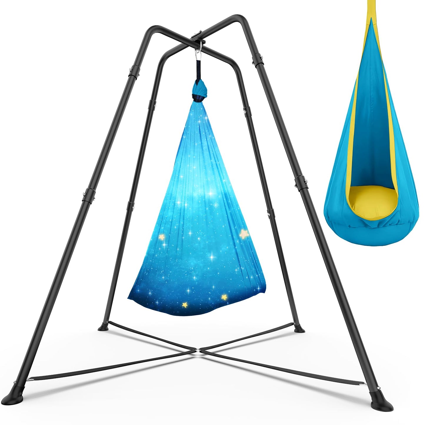 Swing Stand Frame with Sensory Swing Pod Chair, X-Shaped Swing Set, Metal Hammock Chair Stand for Adults Indoor and Outdoor 330LBS (Patterned-Star Blue)