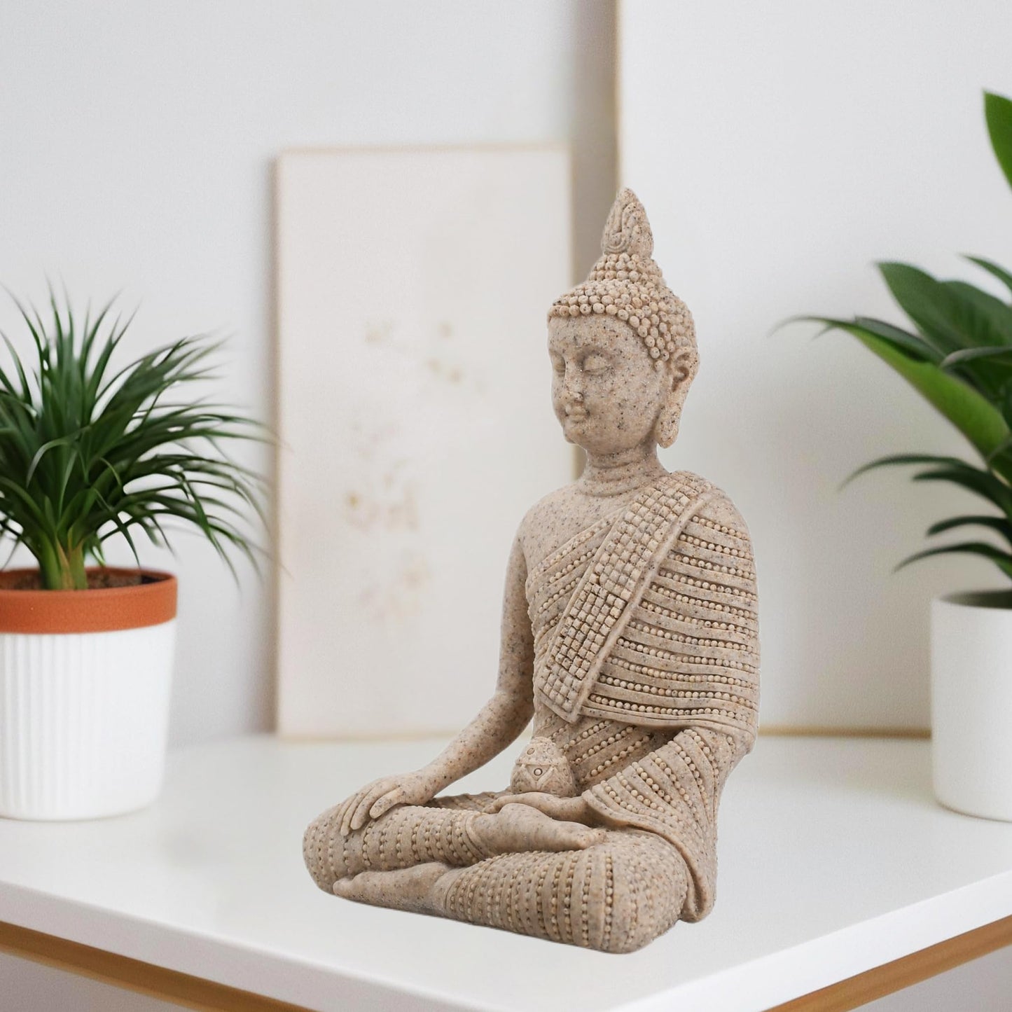 KalyZ@rts 6.5 Inch Hand-Painted Buddha Statue - Exquisite Meditation Sculpture for Home/Office Desk, Feng Shui Zen Decor, Unique Housewarming Gift - Pure Sandstone