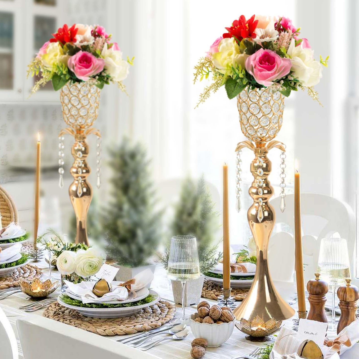 Kehail 2Pcs Gold Crystal Metal Vase Set - Tulip & Trumpet Wedding Centerpieces, Artificial Flower Arrangement Vases for Home Decor, Restaurant Table Displays