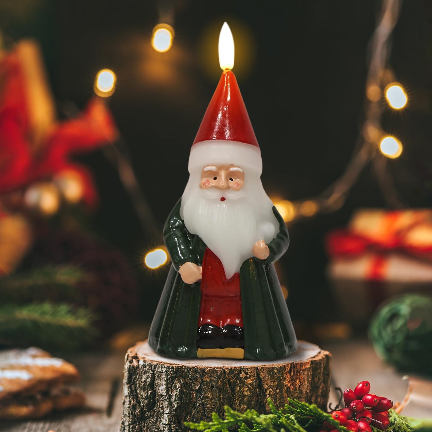 DRomance Santa Flameless Flickering Candle Battery Operated with 6 Hour Timer Real Wax Hand-Painted LED Pillar Candle 3D Wick Indoor Christmas Holiday Decor(Green, 3.1" D x 6.8" H)