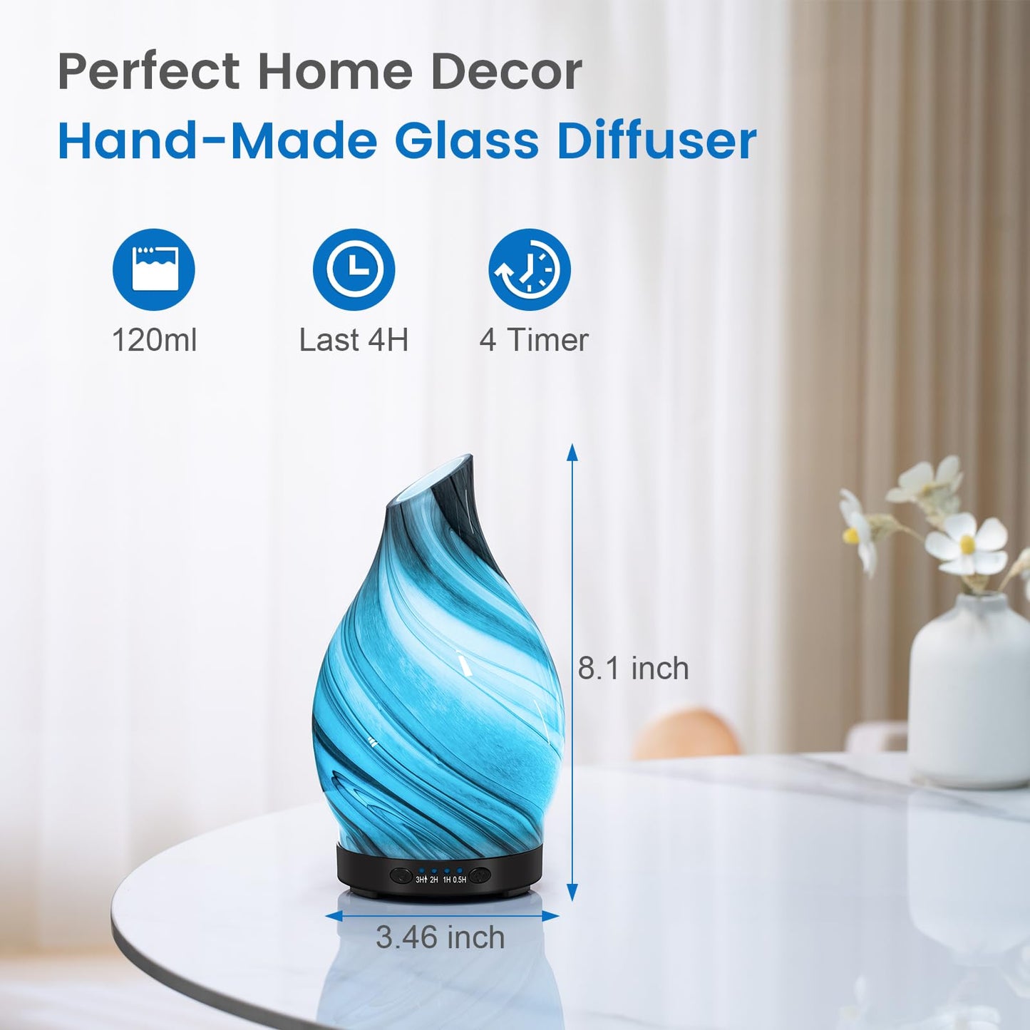 120ML Essential Oil Diffuser, 3D Glass Aromatherapy Diffuser with Auto Shut-Off and 7 Color LED Lights, Ultrasonic Mist Humidifier with 4 Timer for Home Office Bedroom (3D Fireworks)