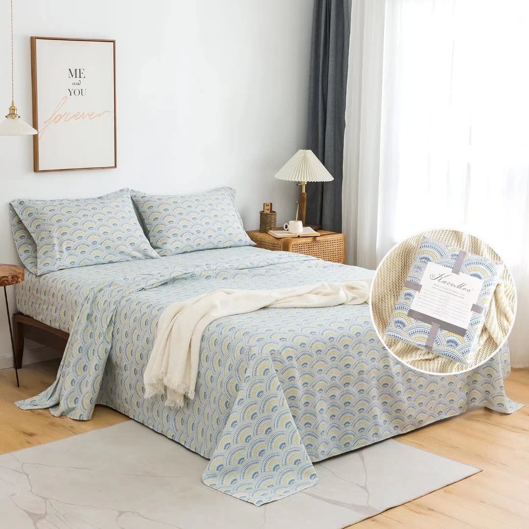 KACEMOO California King Sheet Set 4PC Boho Sheets Pattern Blue Printed Sheets Floral Bed Sheet Cooling Soft 17”Deep Pocket Microfiber Brushed Sheet, Easy Care, Breathable, Wrinkle Free Bed Sheet Set