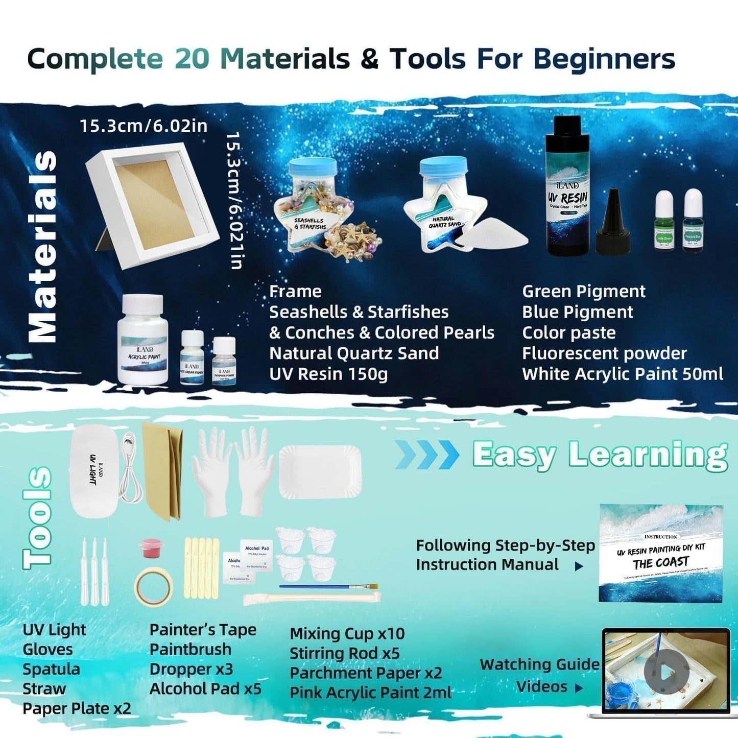iLAND Crafts for Adults Zen Ocean Resin Art Kit, Creative Teen Crafts Resin Kit for Beginners, Crafting Hobbies for Women, DIY Sea Art Projects for Adults, Unique Beach Themed Gifts for Crafty Crafter
