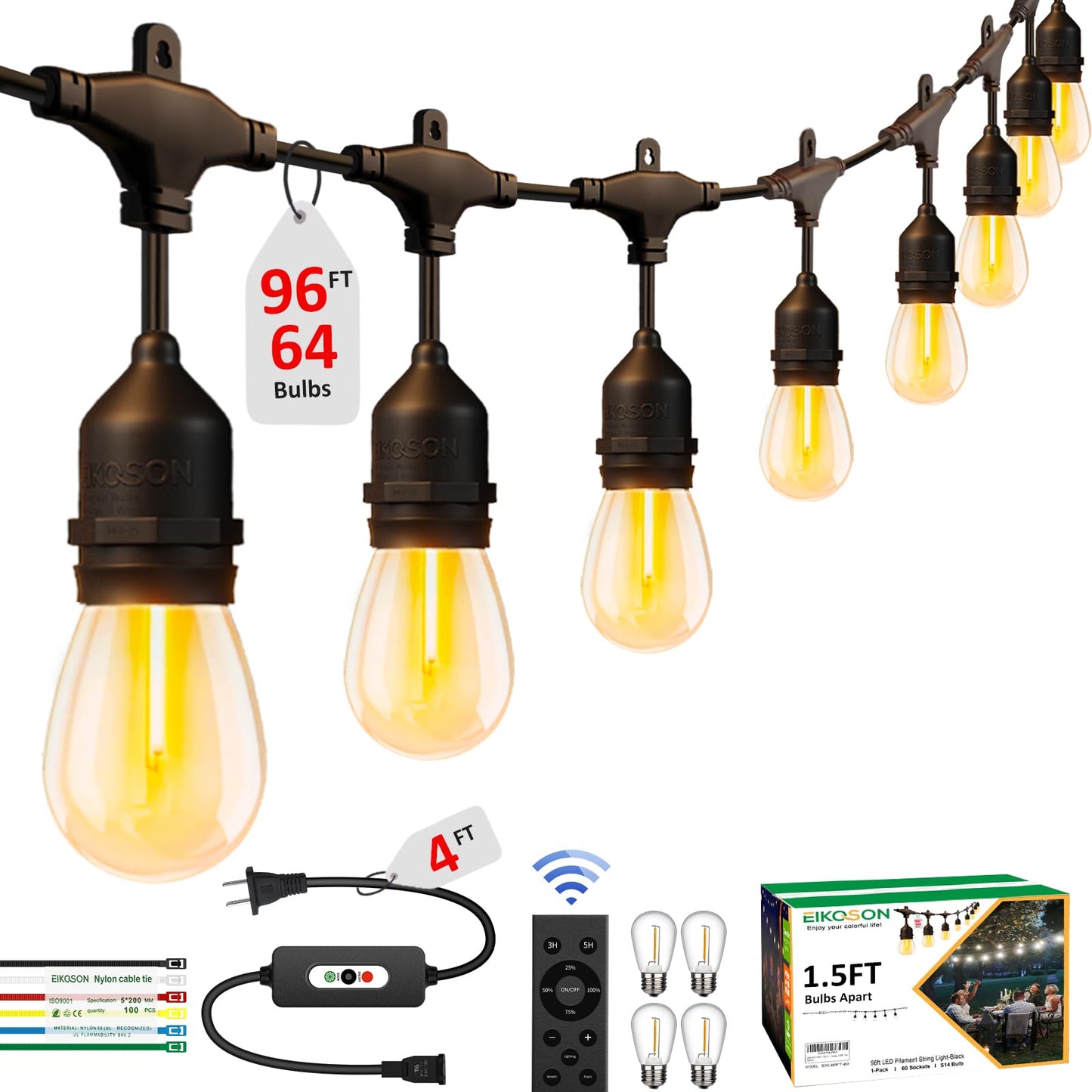 EIKOSON 100FT LED Outdoor String Lights with 60+4 Waterproof Bulbs(1.5FT Bulbs Spacing), Remote & Dimmer, Commercial Grade Patio Lights with 3 Mode Light & Timing, 100PC Ties