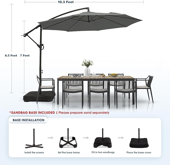 wikiwiki 10ft Patio Umbrella with Base Included, Outdoor Offset Cantilever Umbrella with Sandbag Base for Backyard, Garden and Pool, Easy to Tilt and Crank, Dark Gray