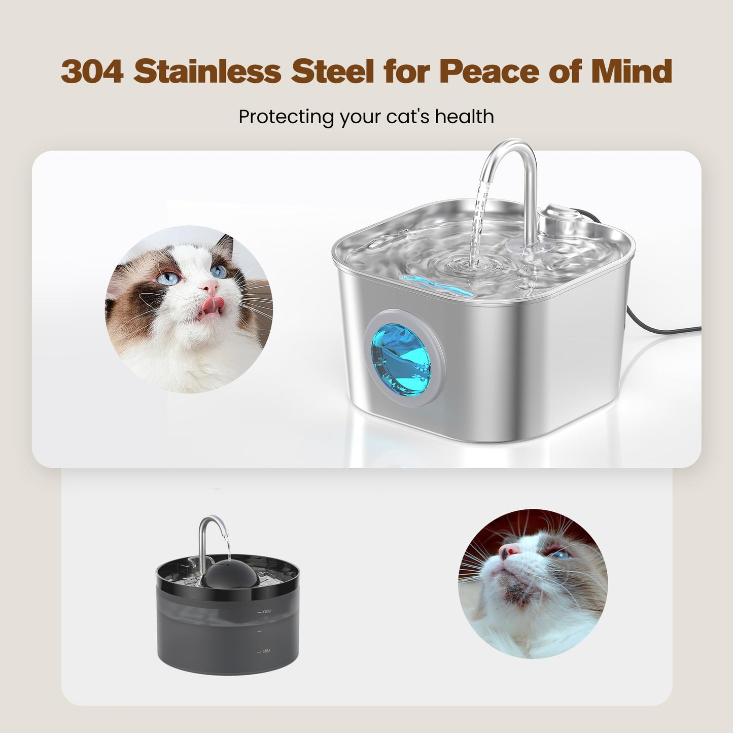 Cat Water Fountain Stainless Steel: Pet Fountains for Cats/Dog Indoor Automatic Waterer Bowls for Drinking Small Animal Water Dispenser Metal Pets Watering Faucet Bottle Auto Kitty Watering Supplies