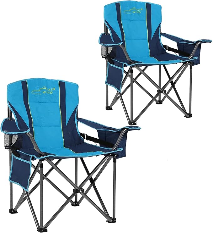 FAIR WIND 2 Pack Heavy Duty Camping Chair, Oversized Padded Folding Chair for Big and Tall (450lbs), Extra Wide Seat with Integrated Cooler & Storage Pocket, Adjustable Lumbar Support for Outdoor