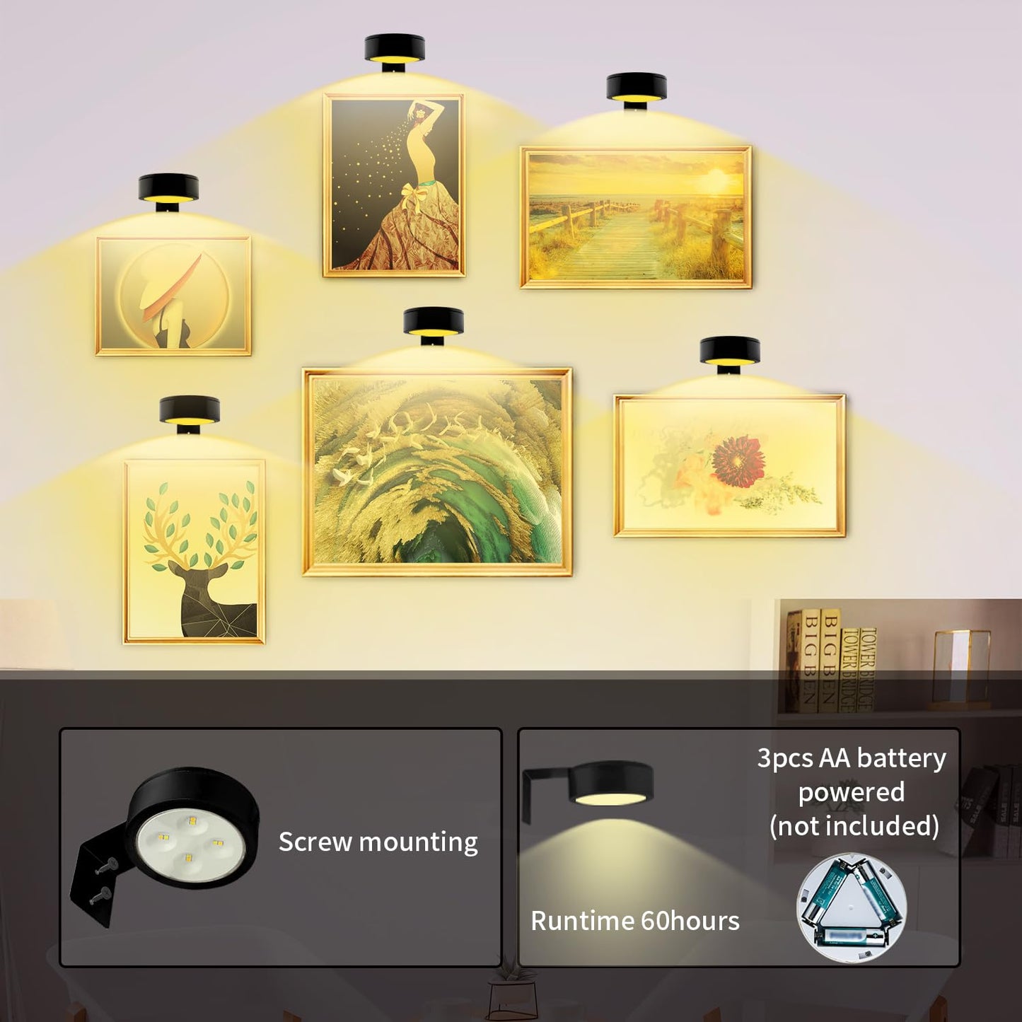 Arixinks 3PACK Picture Light Battery Operated with Remote, Painting Light for Wall Art with 3 Lighting Colors Dimmable, LED Art Display Accent Light on Wall for Poster Dartboard Frame Portrait Black
