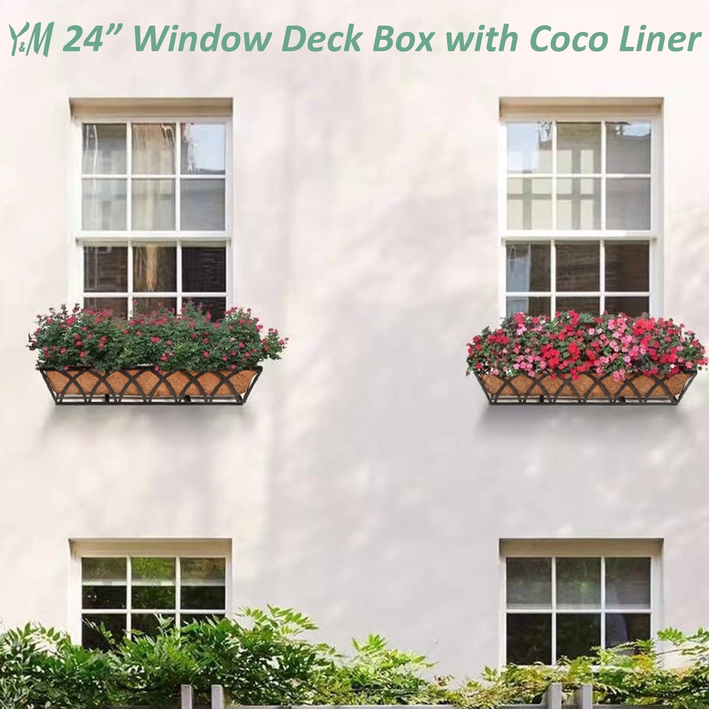 Y&M 4pcs 24 Inch Planter, Metal Window Boxes with Coco Liner, Indoor Outdoor Hanging Flower Planter for Garden, Lawn, Balcony, Porch, Fence, Patio Rail