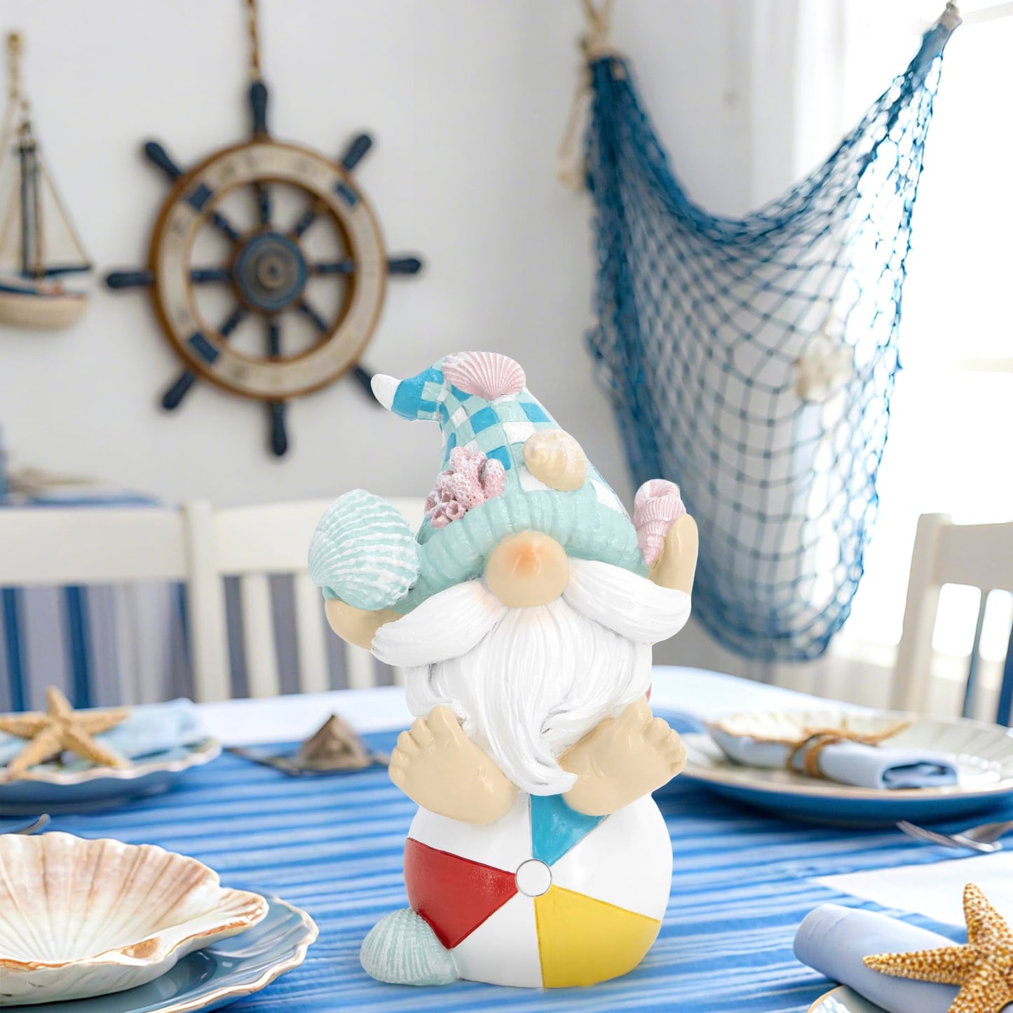 Hodao Coastal Ocean Gnome Decorations – Hand-Painted Resin Beach Gnome Sitting on Ball with Seashell Hat & Coral Details, Summer Sea Decor Gift for Indoor Home, Bedroom & Tabletop Ornaments
