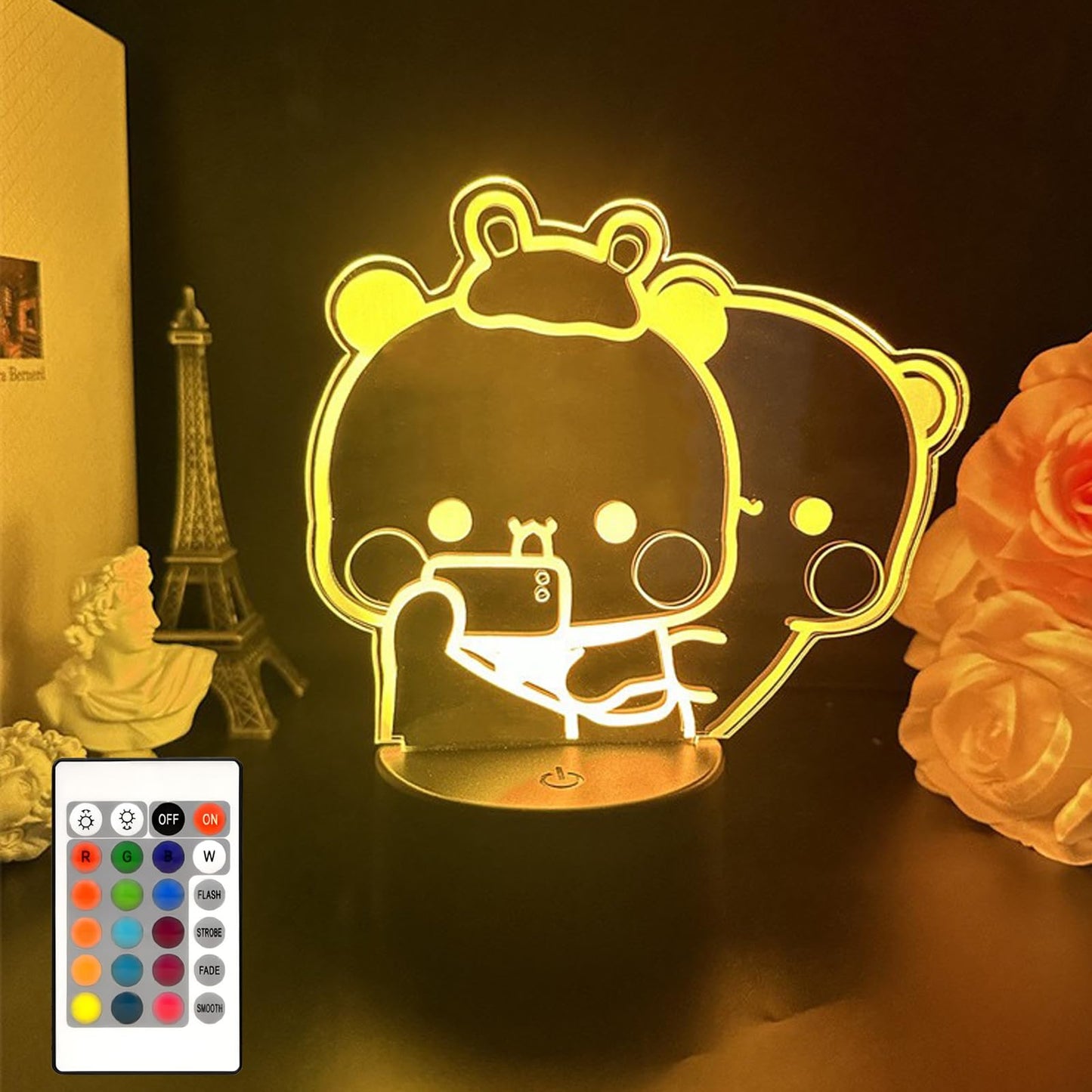 orakoliya 3D Night Light Bubuuu and Duduuu Gifts, Bear Shaped Table Lamp with Remote Control Gifts for Girls Birthday Christmas Valentine