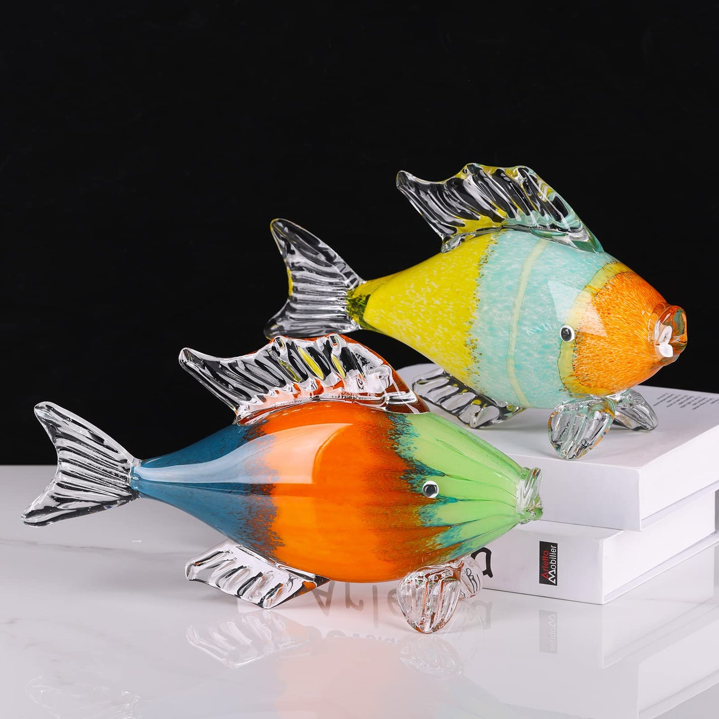 LCCCK Large Glass Fish Statue, Hand Blown Glass Sea Life Figurines, Coastal Decor for Home,Tropical Fish Ornaments Collectible Figurines, Coffee Table, Shelf, Office, Bathroom Decoration Nautical Art