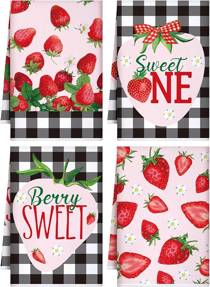 Bencailor 4 Pcs Strawberry Kitchen Towels Spring Berry Hand Dish Towels