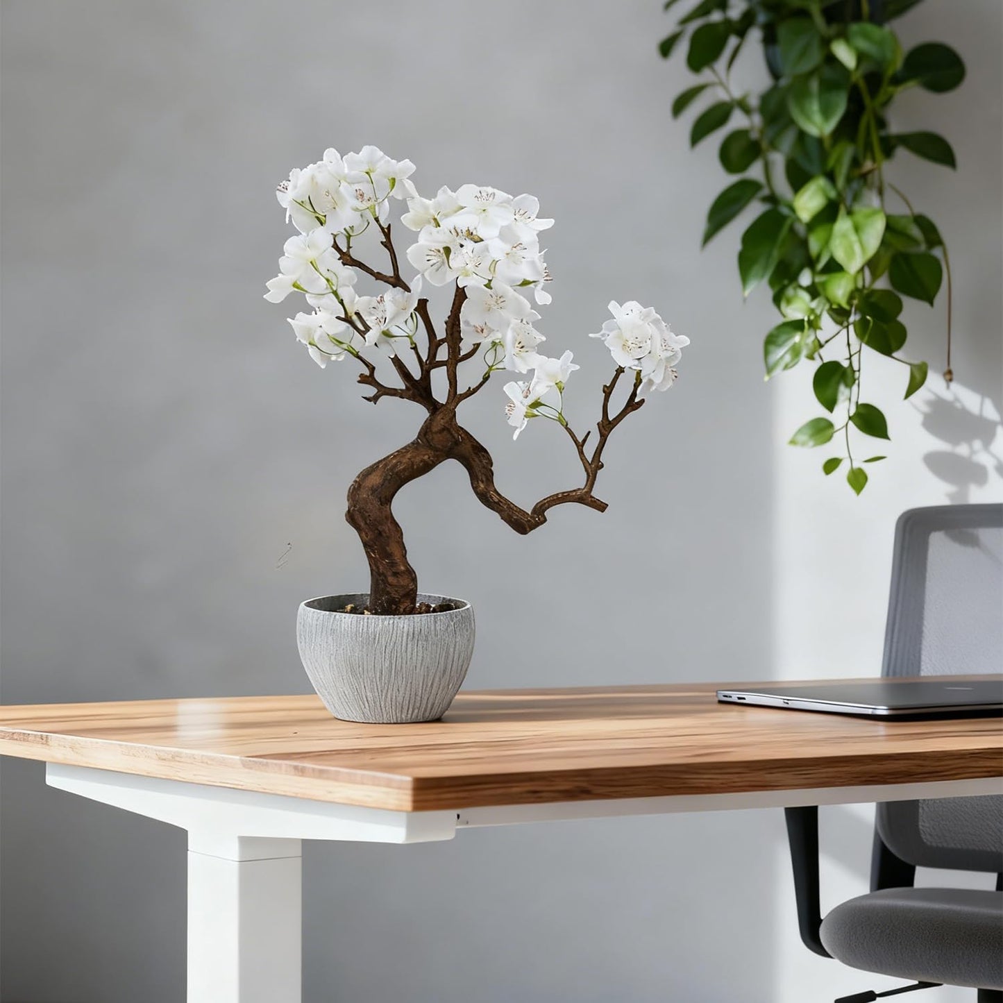 TOARTi Artificial White Cherry Blossom Potted Plant with Stone Pot, 12.2" Tall Fake Flowers Faux Plant Desk Decor, Decorative Plants Indoor Decor for for Home Bedroom Bathroom Office Desk