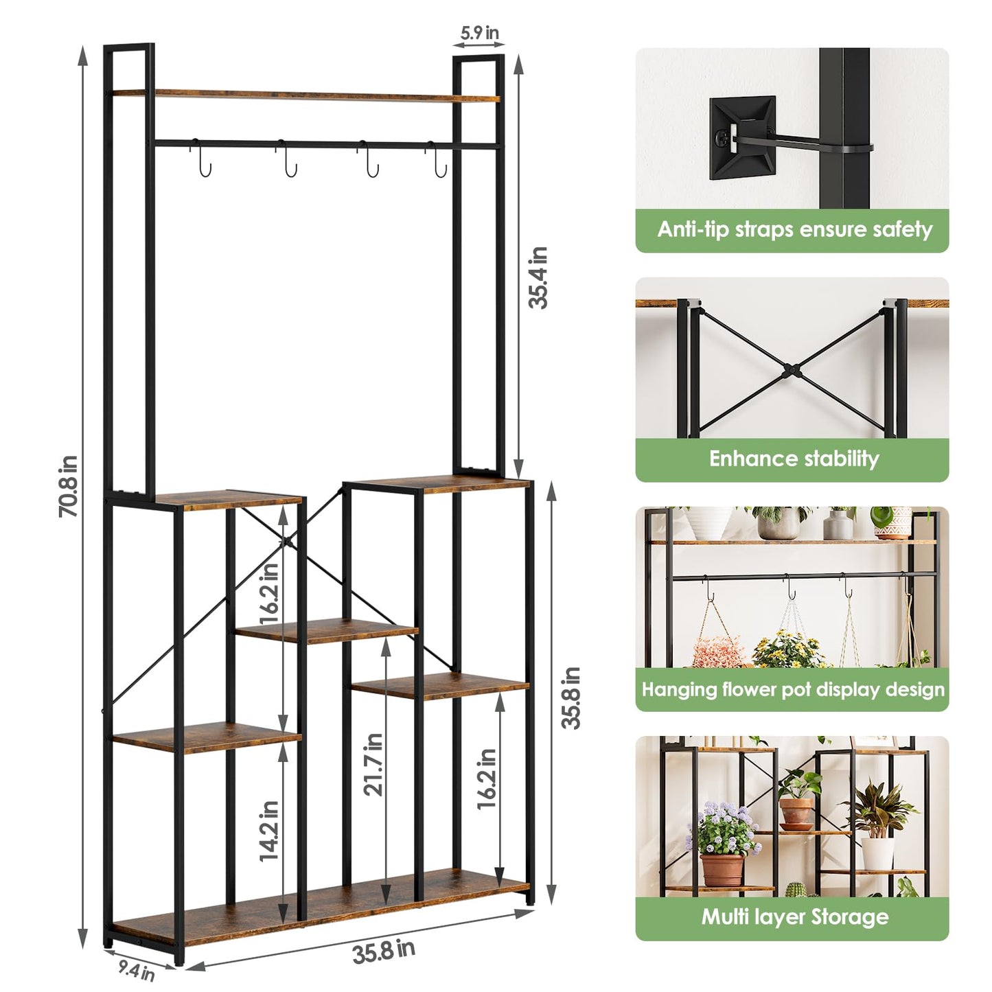 aboxoo Plant Stand Indoor with Grow Light ,71" Tall Metal Plant Shelf Indoor,Large Plant Rack with Grow Lights,Heavy-Duty Rectangle Display Shelves for Living Room, Patio, Corner