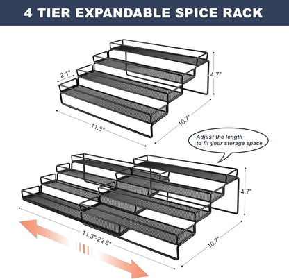 Spice Rack Organizer for Cabinet, 4 Tier Seasoning Organizer, Expandable Shelf,Step Storage Holder, Kitchen Cabinet Countertop,with Protection Railing, Metal (Black,4 Tier,2Pack)