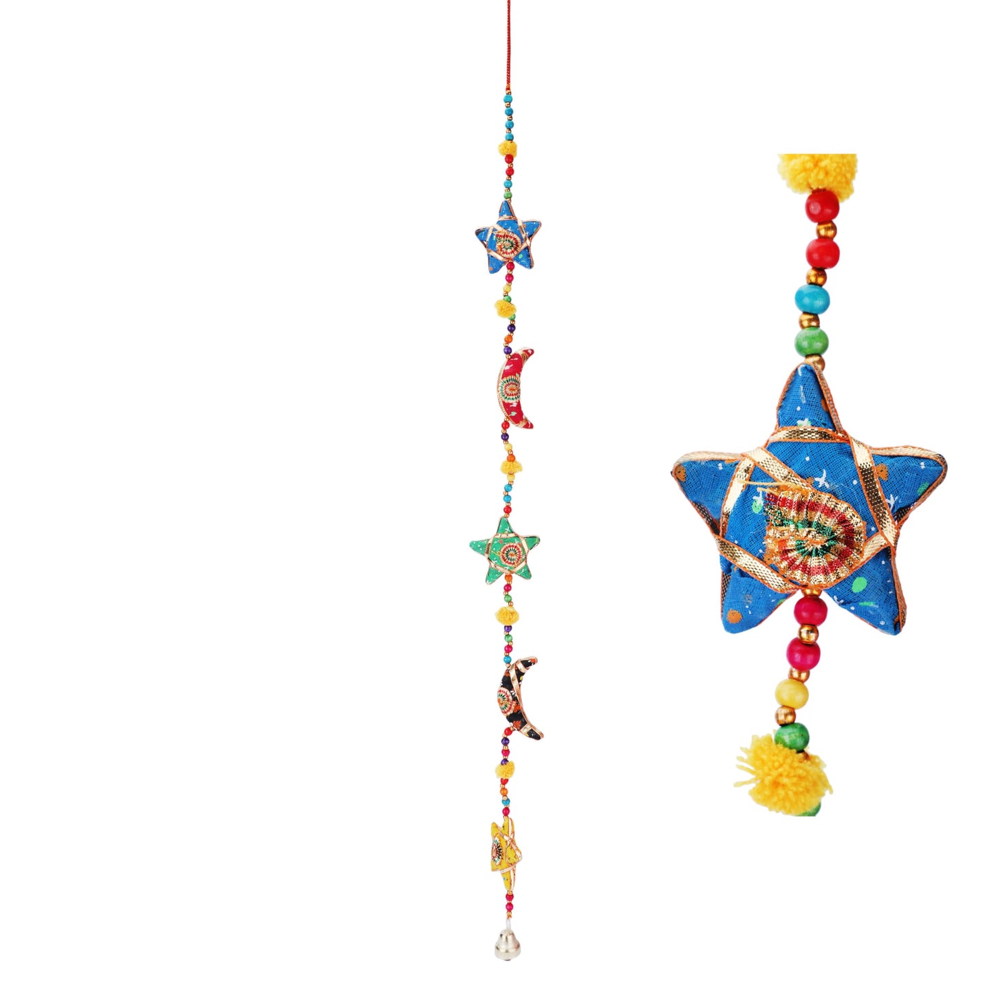 Craftsofindia®Handmade Moon and Stars Garland - 85 cm Beaded Wall Hanging with Bells, Celestial Home Decor for Kids Room, Bedroom, Diwali Party