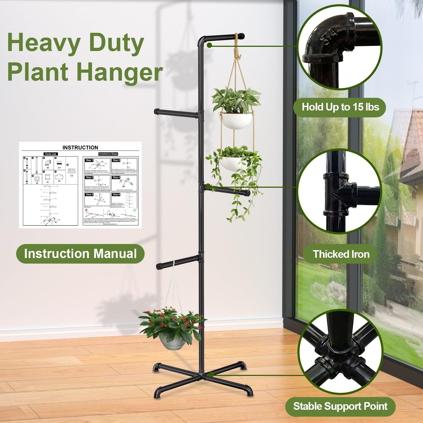 Chloraeon Hanging Plant Stand, Plant Hanger Indoor, Corner Hanging Plant Stand, Black Metal Holder for Bedroom, Living Room, Garden, Balcony (large)