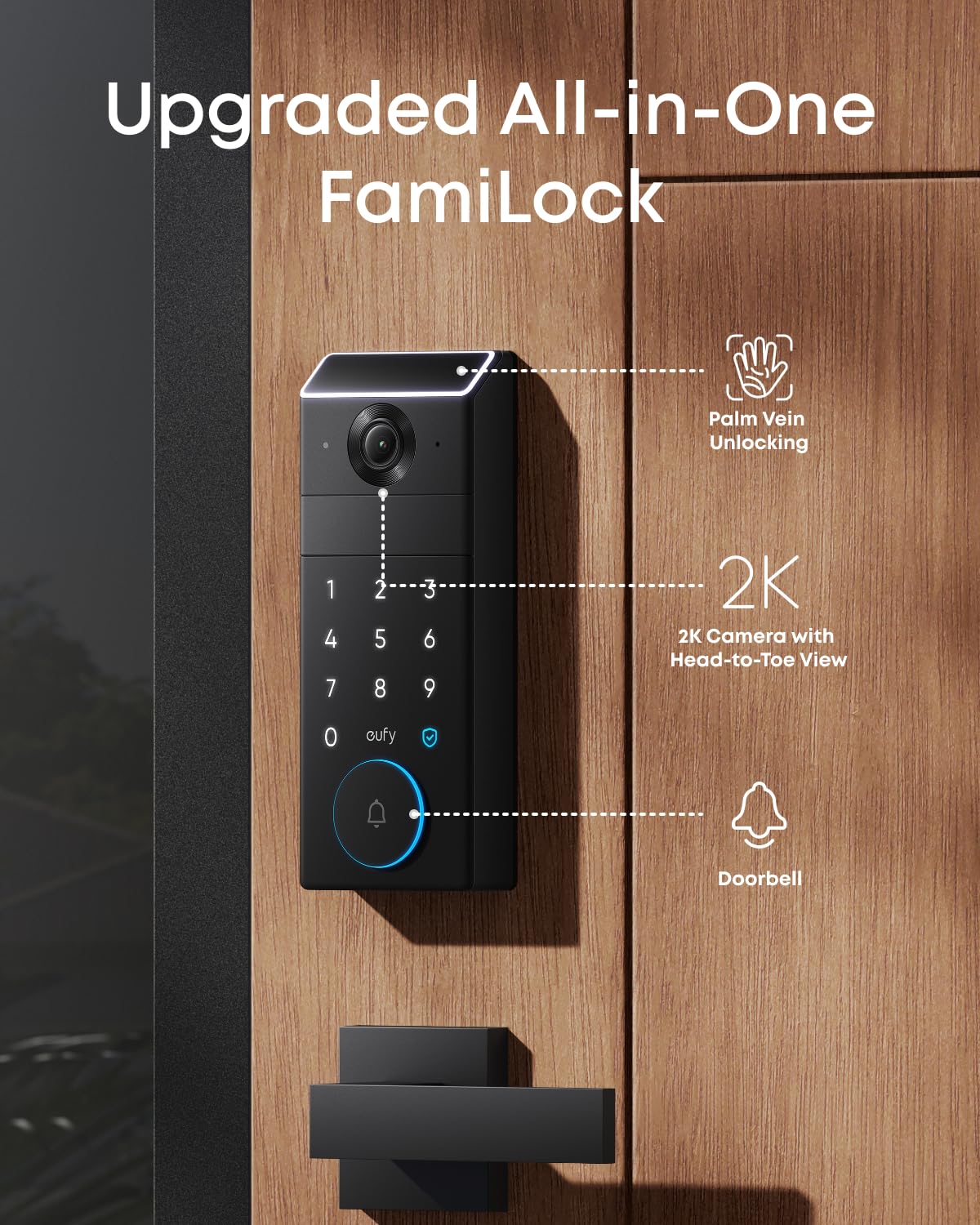eufy FamiLock E34 Smart Lock with Palm Vein Recognition - Keyless Entry Door Lock for Front Door, Wi-Fi Keypad Deadbolt, ANSI/BHMA Grade 1, Auto Lock, Voice Control, IP65 Waterproof, No Monthly Fee