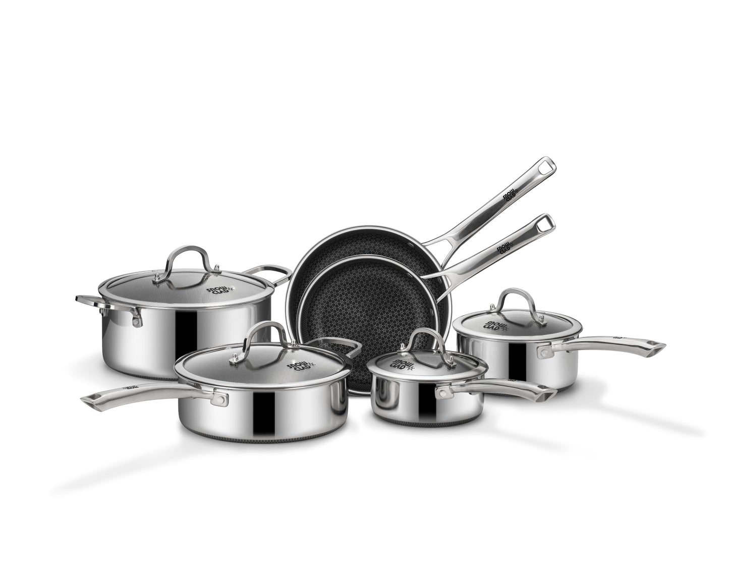 SNOWCLAD Pots and Pans Set Non Stick, 10 Pcs Hybrid Stainless Steel Cookware Sets, Non Stick Frying Pans, Saucepans, Saute Pan & Stock Pot, PFOA Free Kitchen Skillet,Induction Compatible