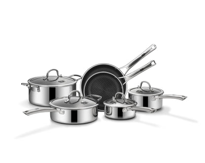 SNOWCLAD Pots and Pans Set Non Stick, 10 Pcs Hybrid Stainless Steel Cookware Sets, Non Stick Frying Pans, Saucepans, Saute Pan & Stock Pot, PFOA Free Kitchen Skillet,Induction Compatible