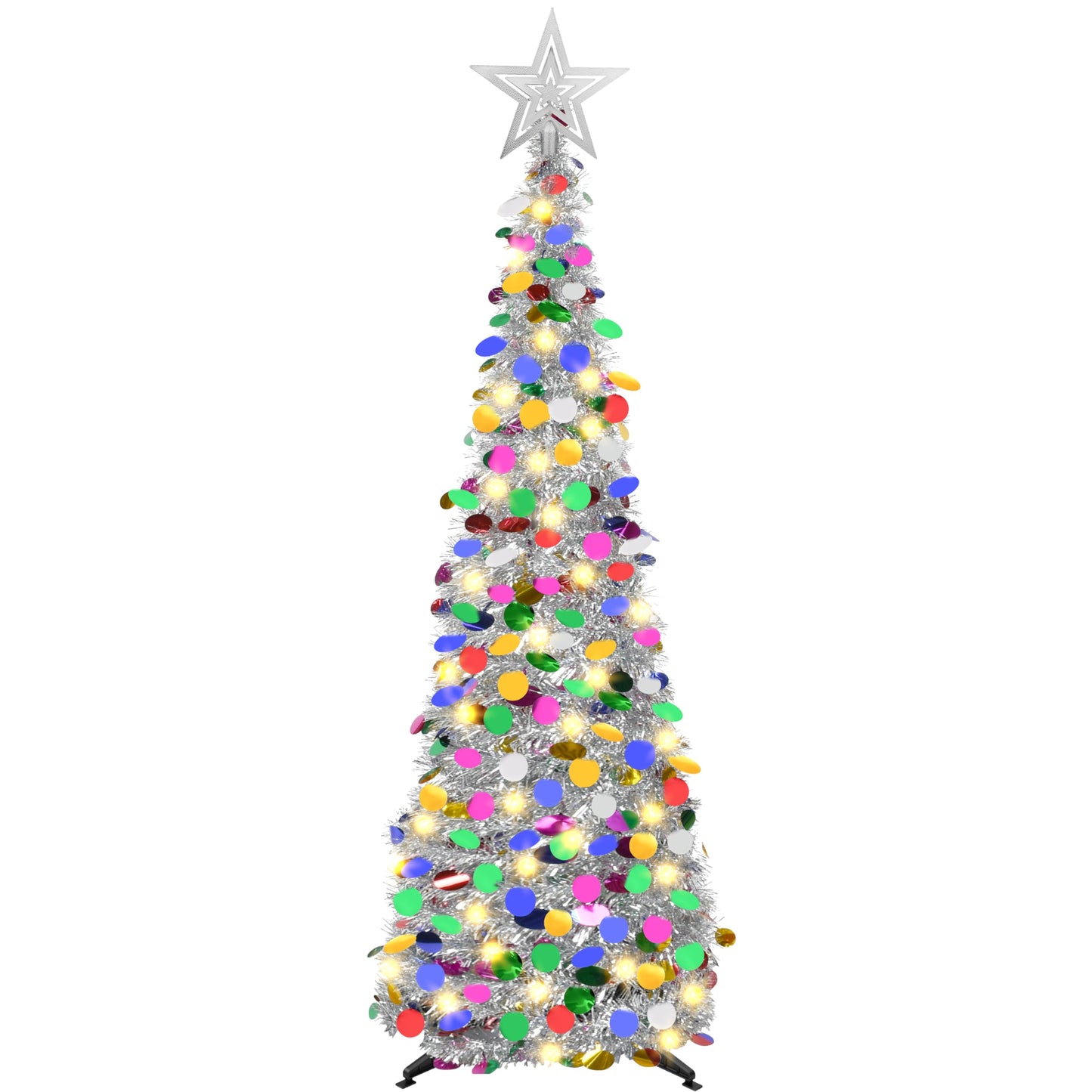 Lavwix 5 FT Pop Up Christmas Tinsel Tree with 50 LED Lights & Remote, Star Topper, Easy Assembly with Stand, Collapsible Prelit Christmas Pencil Tree for Xmas Home Party Decor (Silver)