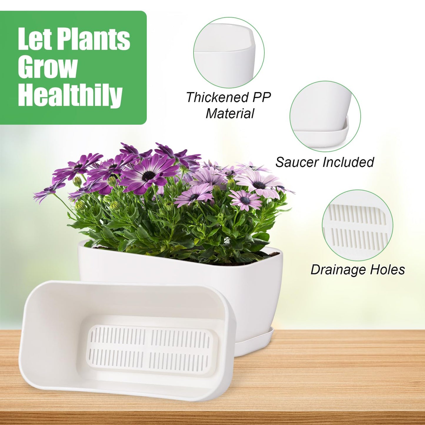 Oliz 4 Set Window Herb Planter Box Rectangular, Green Plastic Planters with Multiple Drainage Holes and Trays,Indoor Succulent Cactus Mint Flower Pot for Windowsill, Garden Balcony