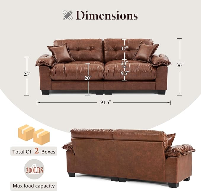 Faux Leather Sofa, Mid Century Modern Deep Loveseats, Comfy Cloud Couch