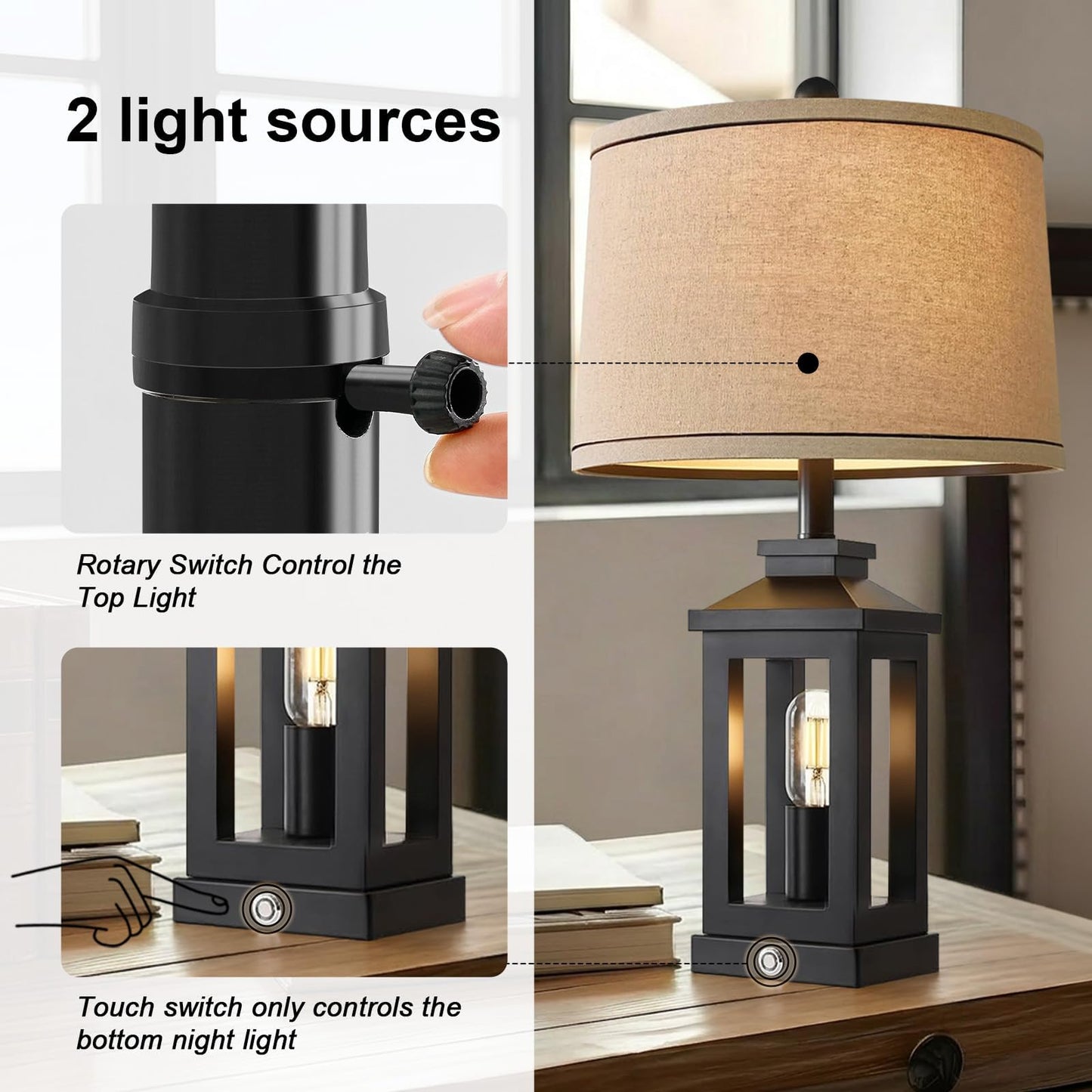 G-SAFAVA 23.75" Retro Farmhouse Black Table Lamp for Living Room Bedroom Nightstand Single Pack Touch Control Bedside Nightlight Vintage Modern Lamp with USB C+A Ports and 2 Light Sources